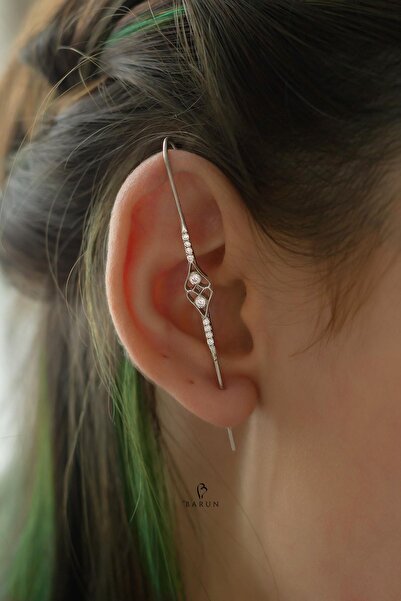 BY BARUN SİLVER Kıkırdak Earcuff Kalp Baston 925 Ayar Zirkon Taşlı Beyaz Silv...