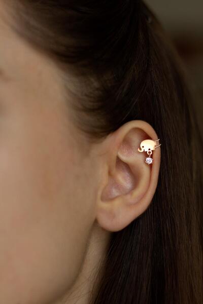 BY BARUN SİLVER Kıkırdak Earcuff Fil Tektaş 925 Ayar Zirkon Rose Pembe Sıkışt...