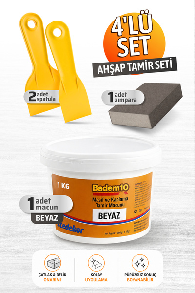 Badem10 Pratik (4'LÜ) Ahşap Tamir Seti 1000 gr Beyaz Tamir Macunu + 2 Adet Sp...