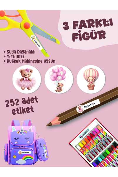 YUNUS COPY School Label Pen Notebook Label Cute Teddy Bear Pink Themed Custom Name Writable Label - 252 Pieces