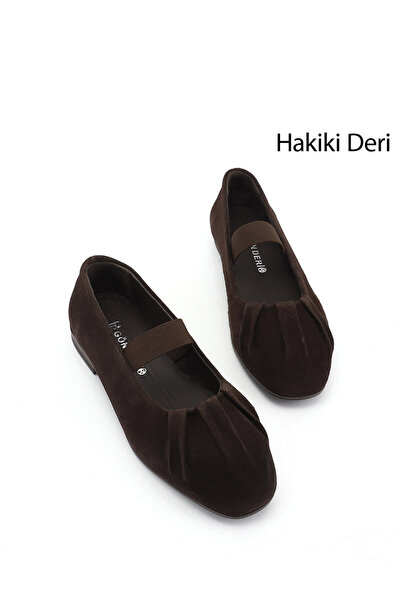 GÖNDERİ(R) Γυναικείο καφέ Σουέτ Mary Jane Γνήσιο Δέρμα Μπαλαρίνα