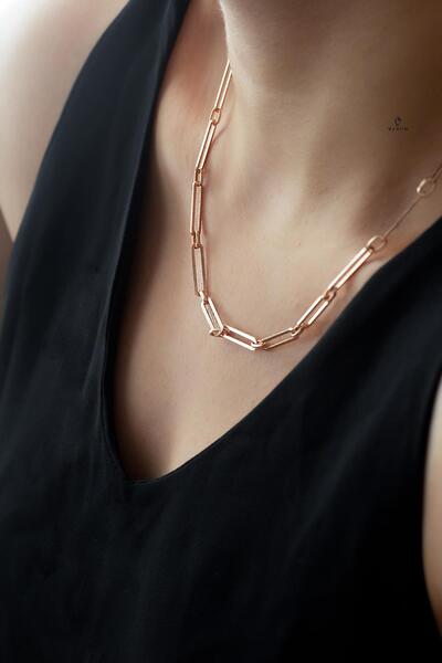 BY BARUN SİLVER Kalın Zincir Yuvarlak Oval 925 Ayar Unisex Rose Pembe Zincir ...