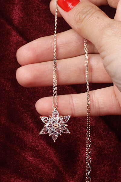 BY BARUN SİLVER Lotus Çiçegi Kolye Yıldız Damla Zirkon Taşlı Rose Pembe 925 A...