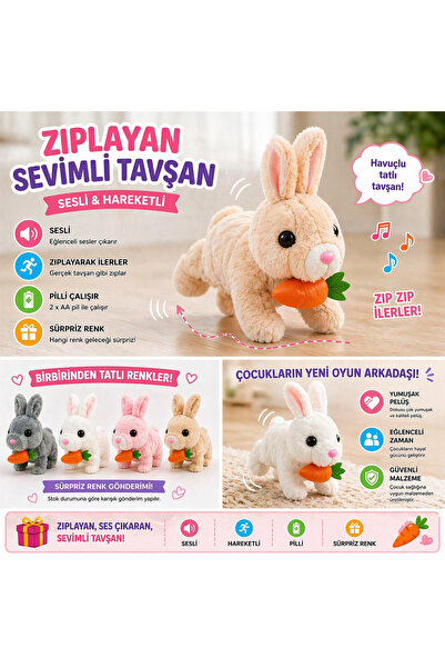 Genel Markalar Sesli Hareketli Tavşan Oyuncak – Zıplayan Peluş Tavşan (Havuçlu)