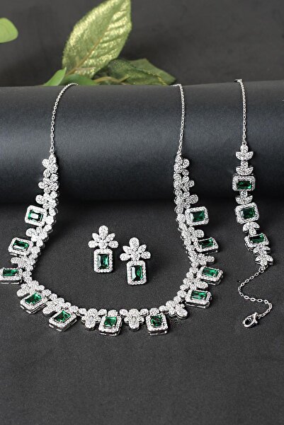 BY BARUN SİLVER Gümüş Set Gerdanlık Kolye Küpe Bileklik Safir Zümrüt Yakut 92...