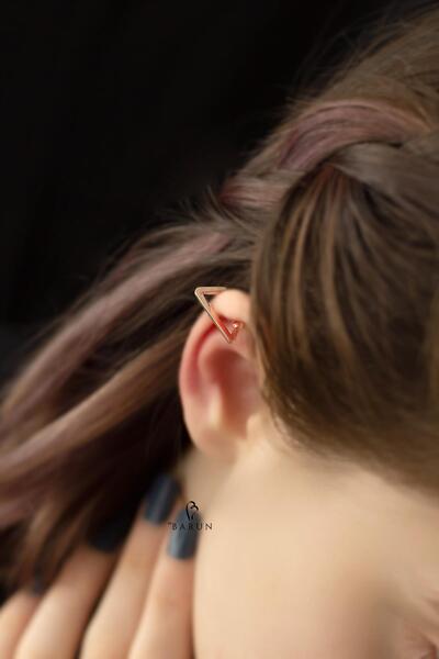 BY BARUN SİLVER Kıkırdak Earcuff Üçgen 925 Ayar Rose Pembe Sıkıştırmalı Gümüş...
