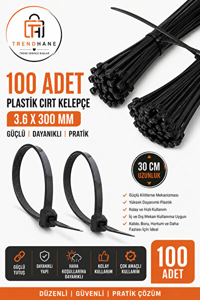 Trendhane 100'Lu Paket 3.6X300 Plastik Cırt Kelepçe Kablo Bağı Siyah