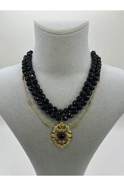 Butik Siyah Taş ve Vintage Charm Kolye