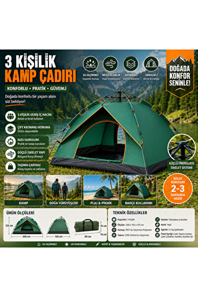 MUBX ÇİFT KAPILI OTOMATİK KURULUM KAMP ÇADIRI 3 KİŞİLİK KOLAY KURULUM PİKNİK ...