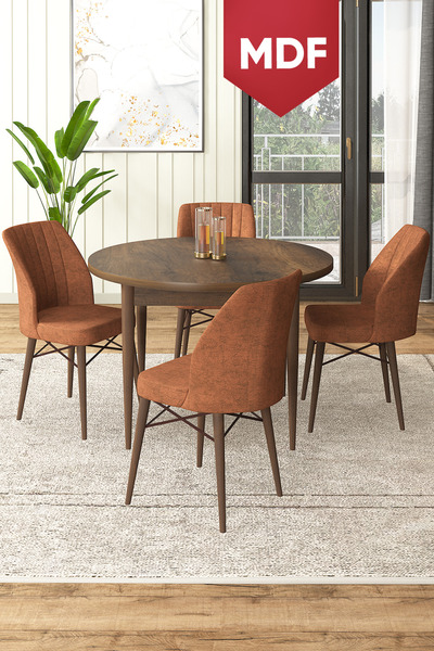 Canisa Rox Serisi MDF Yuvarlak 90x90 Barok Ahşap Desenli Sabit Masa 4 Kiremit...