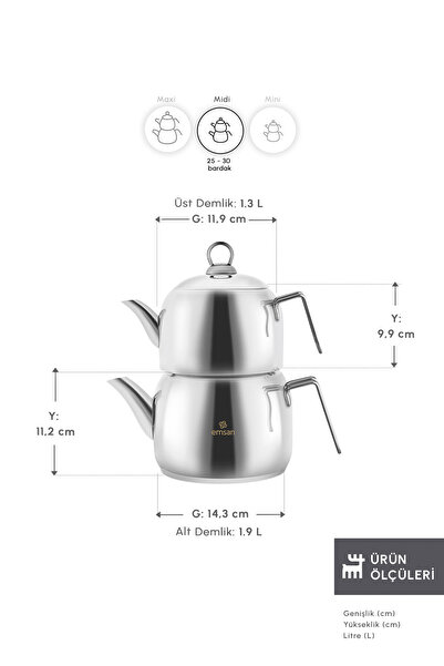 Emsan Urban Midi Boy Paslanmaz Çelik Çaydanlık Takımı 1,35L & 1,95L