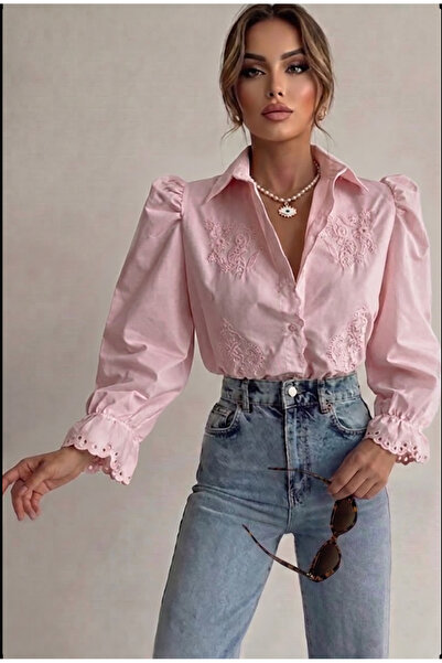 Fumel Γυναικείο πουκάμισο σε πούδρα με λεπτομέρειες σε σχέδιο φοίνικα, vintag...