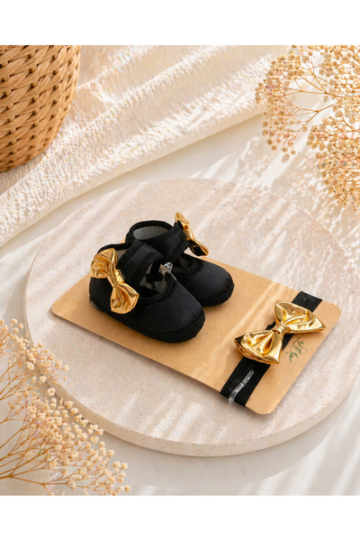 Bilge Trend Black Dore Bow Baby Girl Evening Dress - Booties Bandana Set