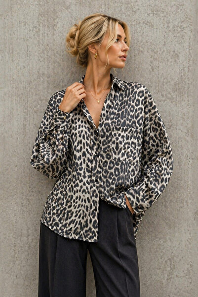 İLKCET MODA Oversize Γυναικείο Πουκάμισο - Λεοπάρ μοτίβο