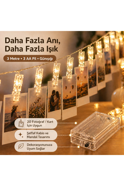 ORİJİNALDÜKKAN 3 Metre Led Işıklı Fotoğraf Asma Mandalları Pilli Animasyonlu 20 li Zincir Dekoratif Aydınlatma
