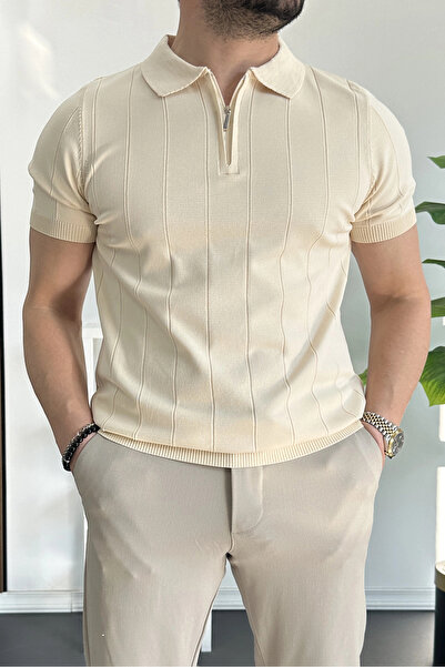 Edwox Ανδρικό μπλουζάκι με μισό φερμουάρ Polo Neck Cream Edw257