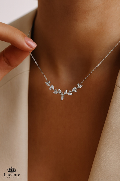 Lucente Jewellery Sarmaşık Aşk Şans Bereket Özel Tasarım 925 Ayar Hediyelik Mekik Taşlı Zarif Yaprak Dal Gümüş Sarmaşık Modeli 45 Cm Zincirli Kararma Karşıtı Rodyum Güçlendirmeli Küpe Hediyeli Şık Kadın Kolye