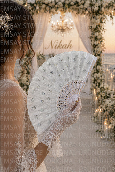 Emsay Store Pullu BEYAZ Dantelli Gelin Yelpazesi – Pullu Tasarım, Hafif Plast...
