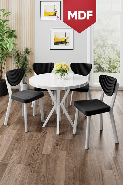 Canisa Agnes Serisi MDF 90x90 Yuvarlak Beyaz Masa Takımı ve 4 Siyah Sandalye