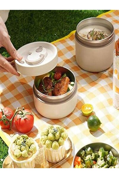 Gülay AVM Paslanmaz Çelik Yemek Termosu Lunch Box Isı Yalıtımlı 2'liSet 304 Çelik Kılıflı Çantalı Set Gly-980