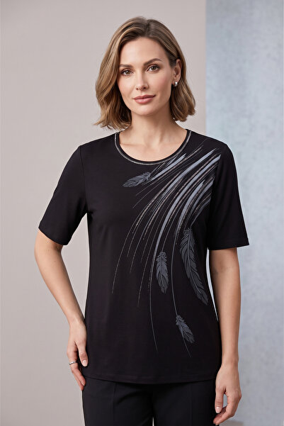 YXL COLLECTION Γυναικεία μπλούζα με κοντό μανίκι με στάμπα με φύλλα Lycra Plu...