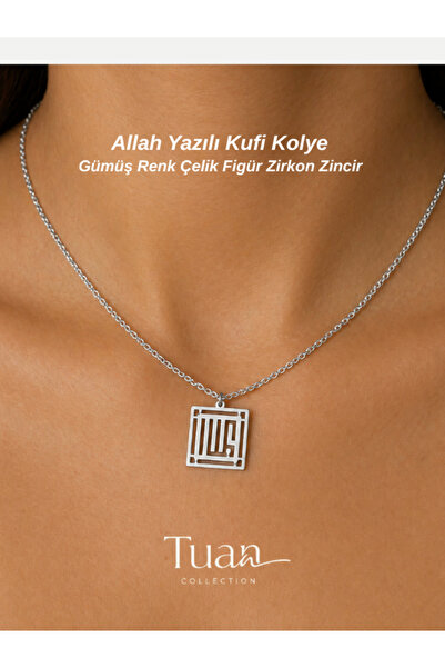 Tuana Trend Allah Written Kufi Steel Necklace Zircon Plated Chain Spiritualit...