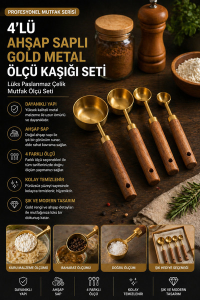 House Bird Set of 4 Gold Metal Measuring Spoons with Wooden Handles - Luxury ...