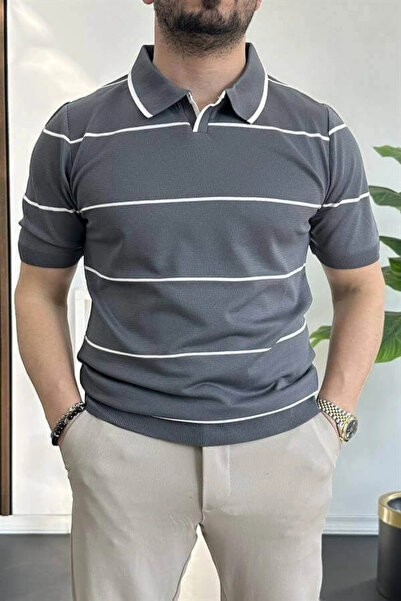 Edwox Tricou cu dungi laterale pentru bărbați, cu guler deschis, afumat Edw259