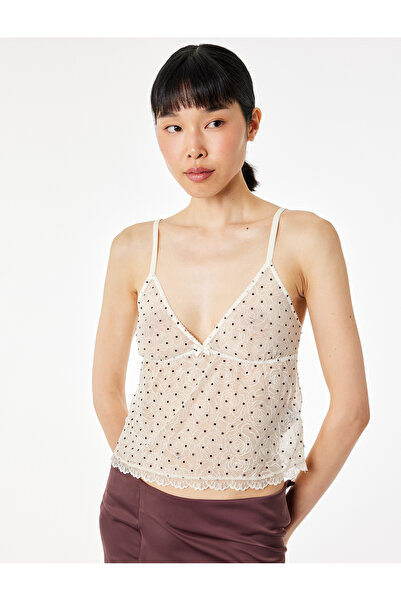 Koton Αμάνικο μπλουζάκι πιτζάμας με λεπτομέρεια από τούλι και τιράντες σε σχή...