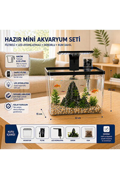 DawAqua Hazır Akvaryum Set 7113-3 - Mini Boy Filtreli LED Işıklı Dekorlu Plas...