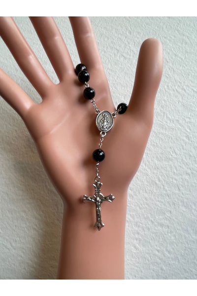 Yada Unique 8 mm Siyah Oniks Doğal Taş Katolik Mini Hrıstiyan Rosary Tesbih -...