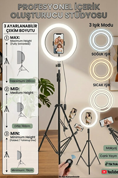 BSTBRANDSHOPPİNGTR Bluetooth KUMANDALI 10"inç Ring Light Youtuber Tiktok Çekim Işıklı Telefon Tutucu Influencer Makyaj Işığı 2.10 m Tripod