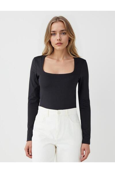 Jimmy Key Bluză tricotată cu mânecă lungă, cu decolteu pătrat negru, slim fit