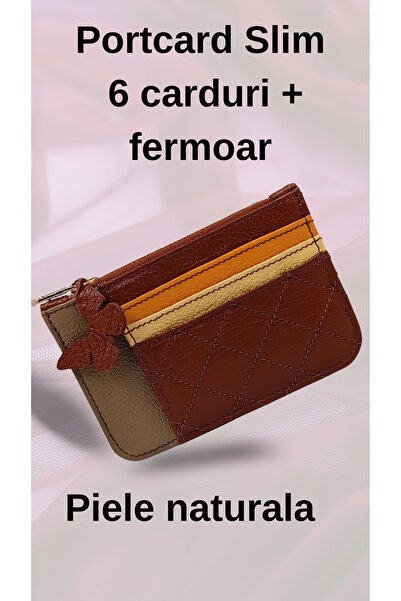 OEM Portcard slim piele naturală cu fermoar,6 carduri,compartiment buletin po...
