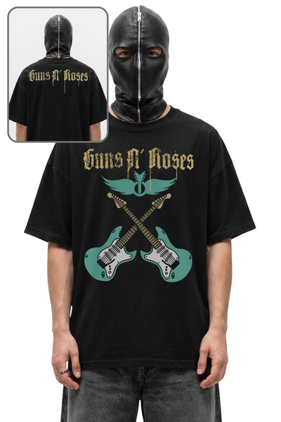 Fuddy Moda Унисекс тениска с принт на гръб с електрическа китара и Guns N' Ro...