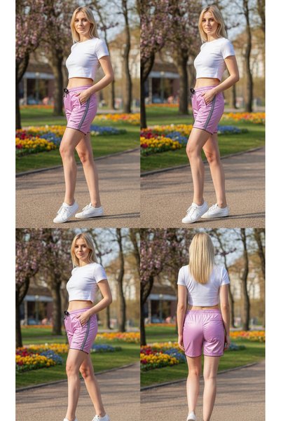 FORE SPORT Pantaloni scurți strălucitori, cu buzunar filet, cu dungi de culoare liliac