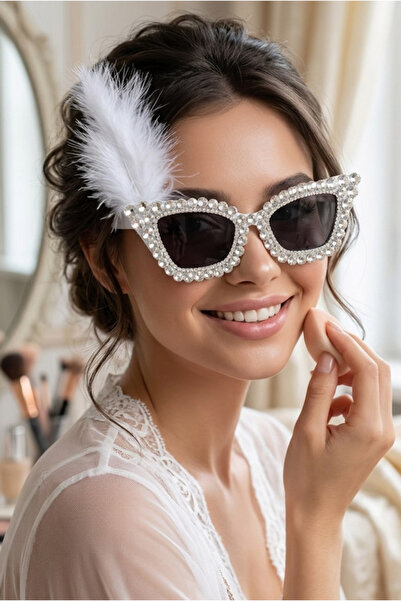 Happyline Taşlı tüylü beyaz doğum günü gelin gözlük bride after parti gözlüğü...