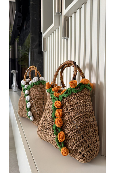 WOMANBAG TASARIM ÇİÇEKLİ HASIR EL OMUZ ÇANTASI (30x35cm)TURUNCU