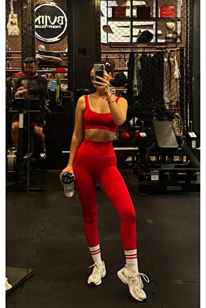 REAL DREAM Kadın Toparlayıcı Dikişsiz Push Up Spor Tayt Yüksek Bel - Kırmızı