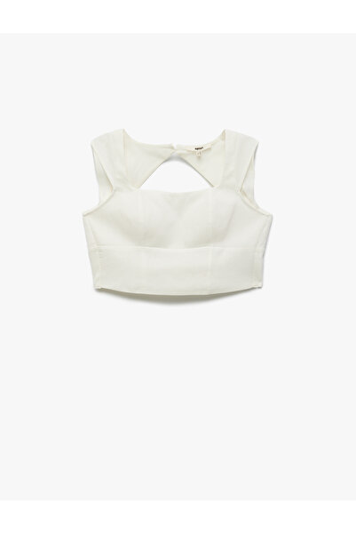 Koton Kırık Beyaz Kare Yaka Kap Kol Keten Crop Top
