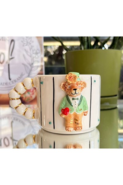 NOF El Yapımı Seramik Gerçek 24k Altın Damat Teddy Kupa