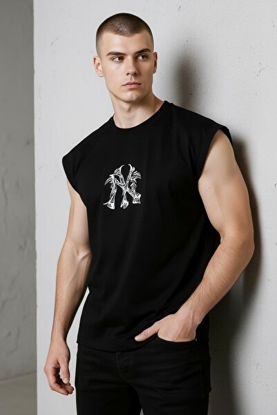 Altamira Erkek Siyah NY Baskılı Oversize Kolsuz T-shirt