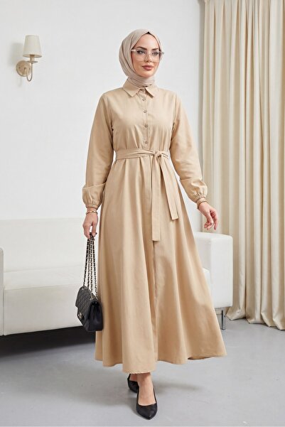 Modamorfo Half-Buttoned Tie-Waist Dress - Light Mink