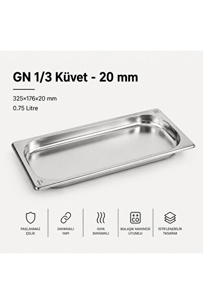 Natsan Paslanmaz Çelik Gastronom/gastronorm Küvet Gn 1/3-20 (32,5 X 17,6 X 2 CM)