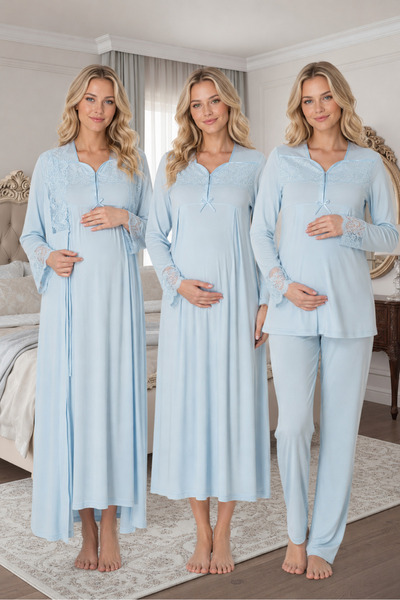 Lohusa Homewear طقم بيجامة نوم للحوامل باللون الأزرق للموسم الجديد بأكمام طوي...