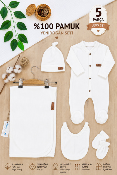 Sitilin Kız Erkek Bebek Pamuk Kumaş Battaniyeli 5 Li Hastane Çıkışı Seti STL6892