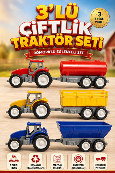 viyol marketim 3’lü Oyuncak Traktör Seti – Römorklu Çiftlik Araçları Farm Ser...