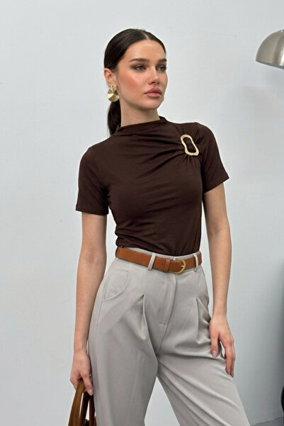 AKD Atelier Bluză elegantă pentru femei tricou cu mânecă scurtă, auriu detali...
