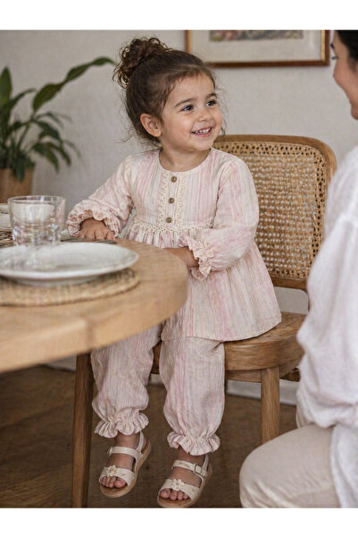 Babyhola Bohem Tarz Müslin Bayramlık Kız Bebek Takım Dantel Detaylı Bluz ve B...