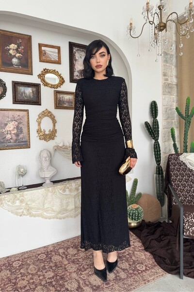 Julidress فستان دانتيل طويل فاخر مبطن باللون الأسود